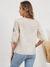 Floral Embroidery Notched Neck Knot Cuff Blouse